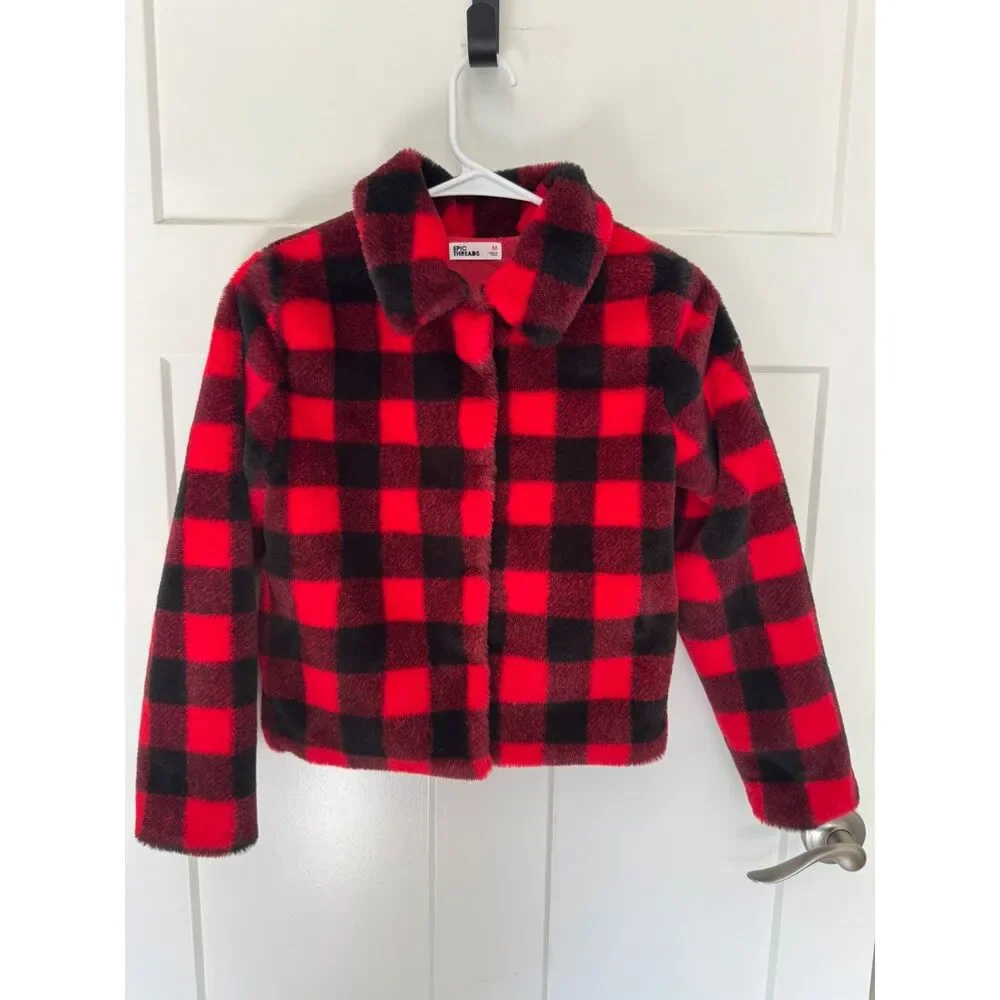 Epic Threads Girls M 7/8 Faux Fur Jacket Red Black Buffalo Plaid Plush Cozy Soft